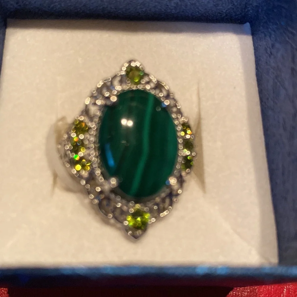 Stunning African Malachite Simulated Green Diamond Platinum Bond Brass Ring